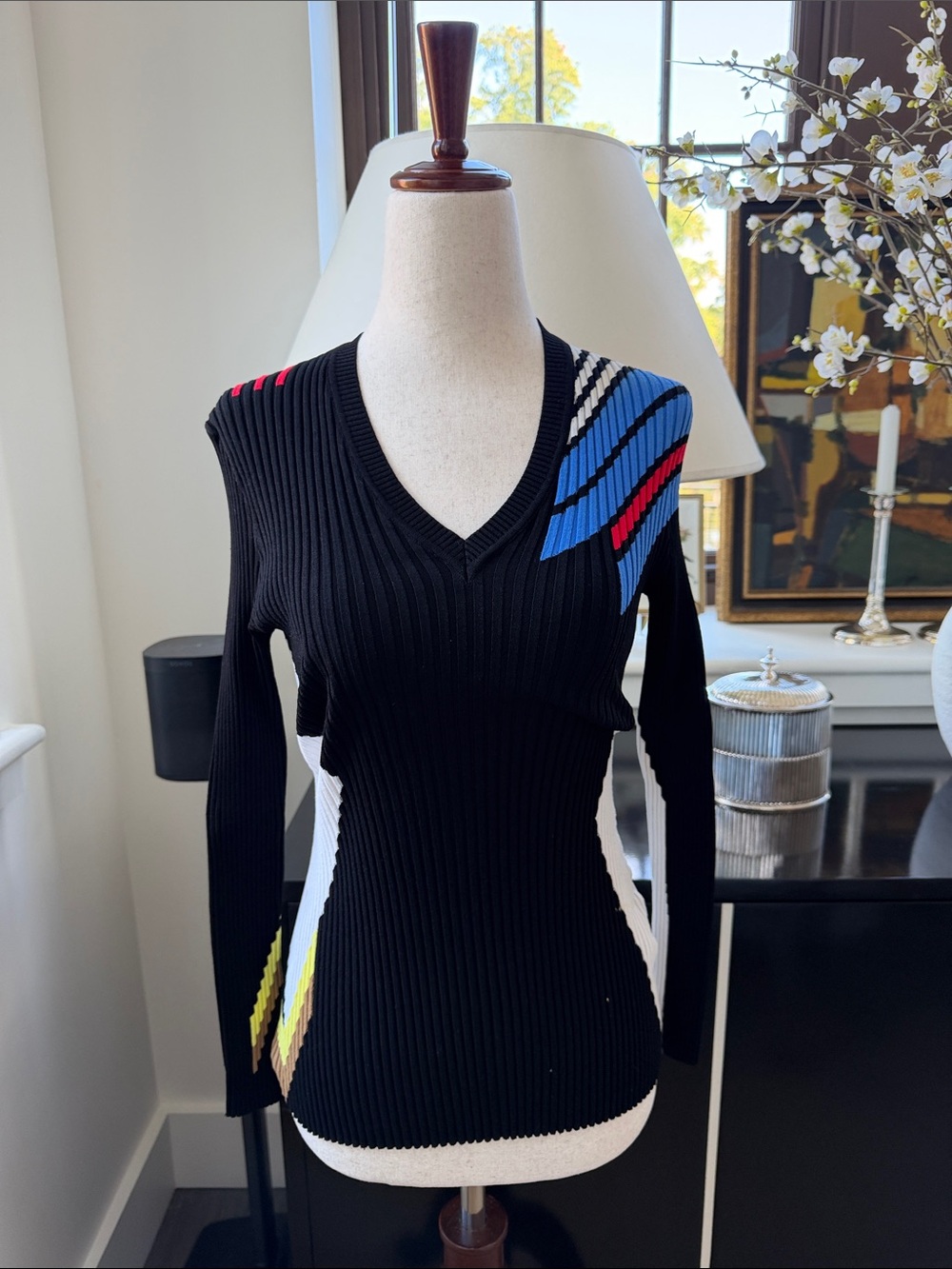 Versace Color Block Ribbed Knit V-Neck S/M